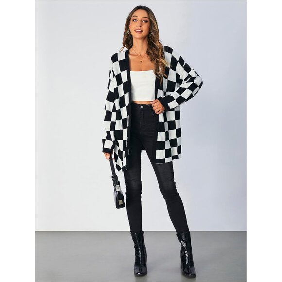Women's Oversized Checkered Sweater Cardigan Long Sleeve Open Front Tops - Picture 3 of 5